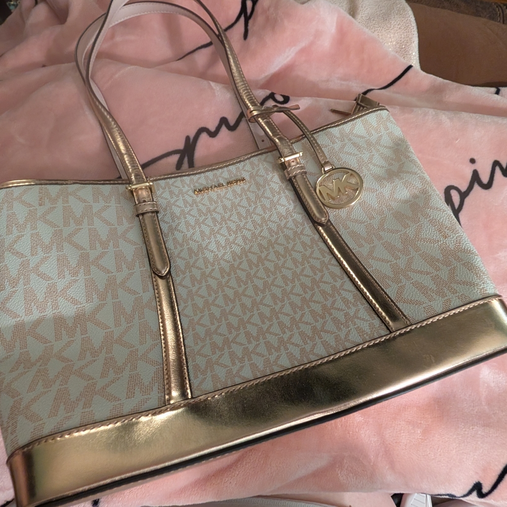 Michael Kors Jet Set Travel Small Metallic Logo Top-Zip ROSE GOLD NWOT